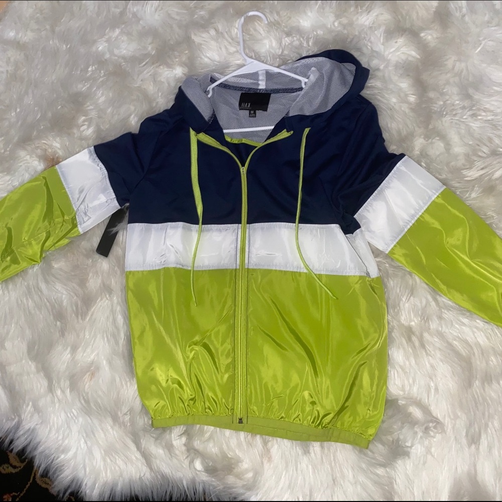 Green/white/navy blue windbreaker